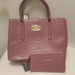 Bebe Purple Croc-Embossed Women's Tote and Wallet Set